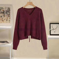 Women's cashmere blend tied V-neck sweater pullover in beige for street fashion casual wear