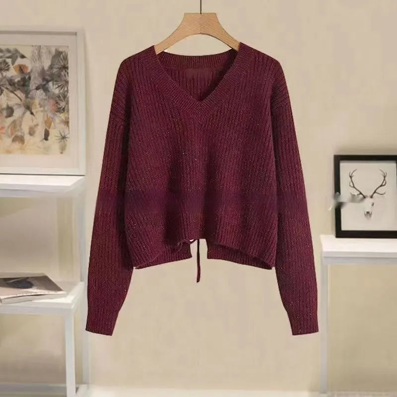 Women's cashmere blend tied V-neck sweater pullover in beige for street fashion casual wear