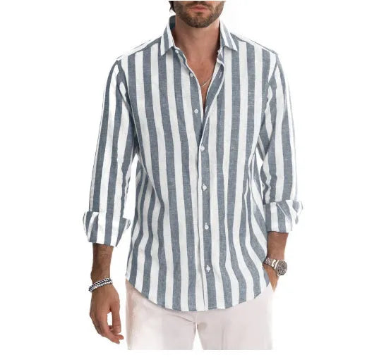 Men's long sleeve striped shirt in blue, made from hemp blend polyester with four-way stretch fabric