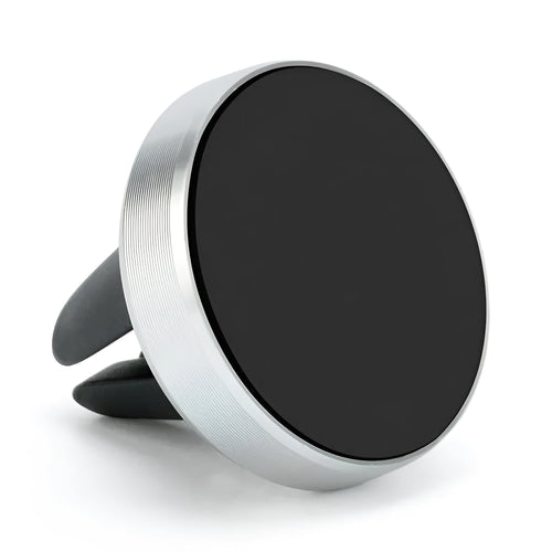 Magnetic car phone holder mounted on air vent with mobile phone attached