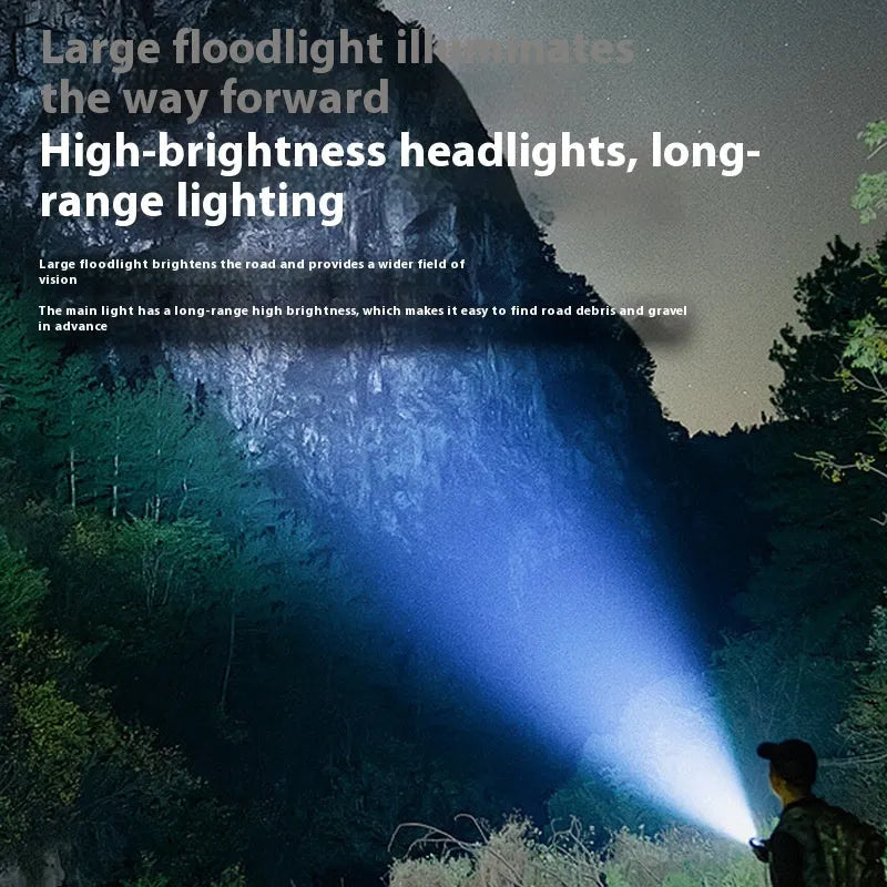 Aluminium alloy bicycle headlight with six XPT beads, USB Type-C port, and quick-release mount.