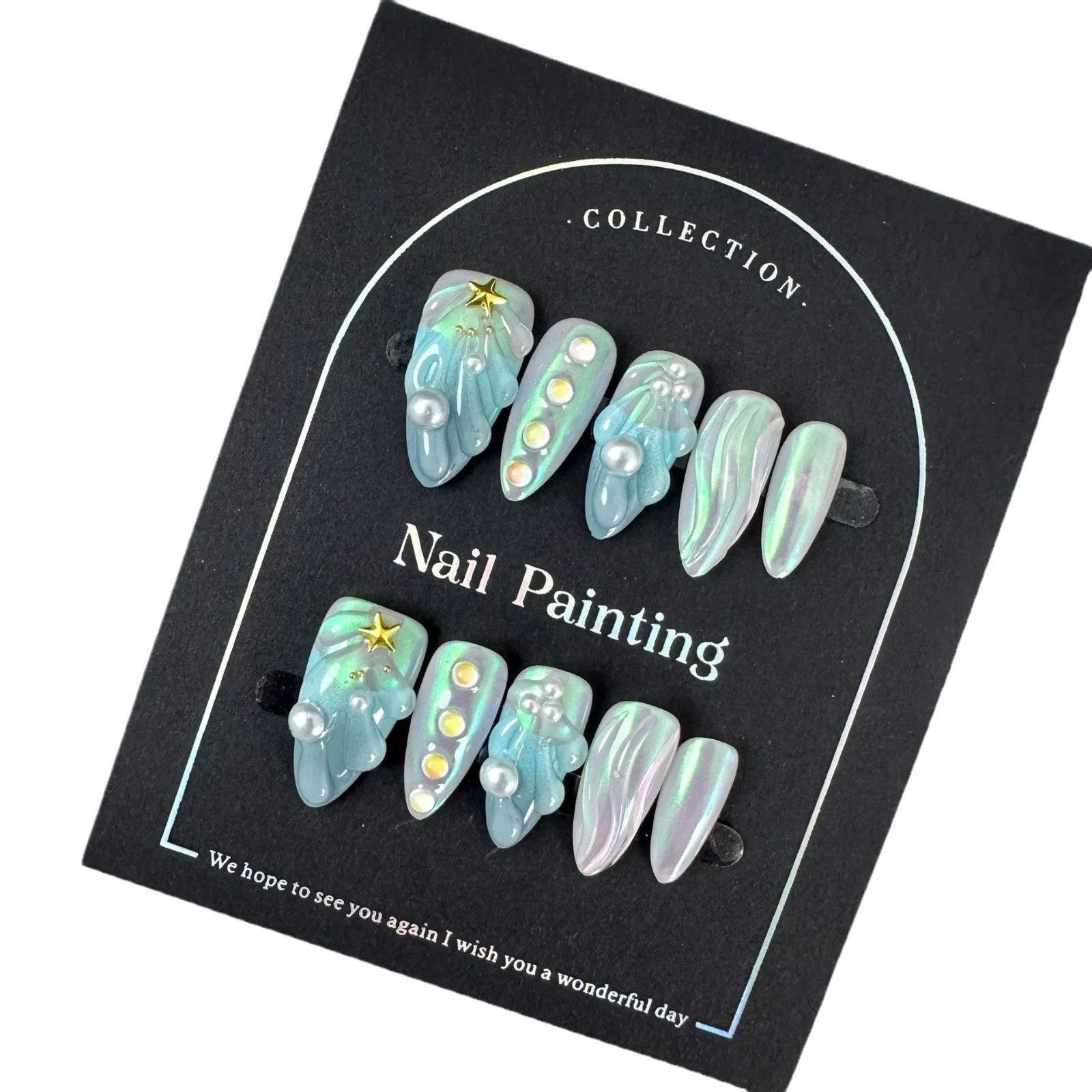 HAILANG blue shell design plastic false nail tips set in XS, S, M, L sizes
