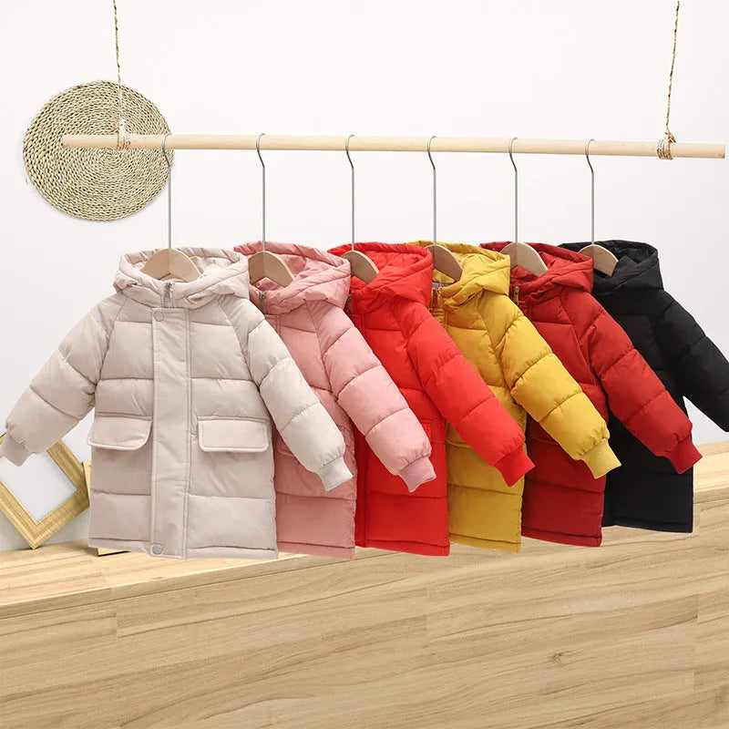 Children's mid-length hooded thickened jacket in polyester fibre with zipper, available in multiple colours