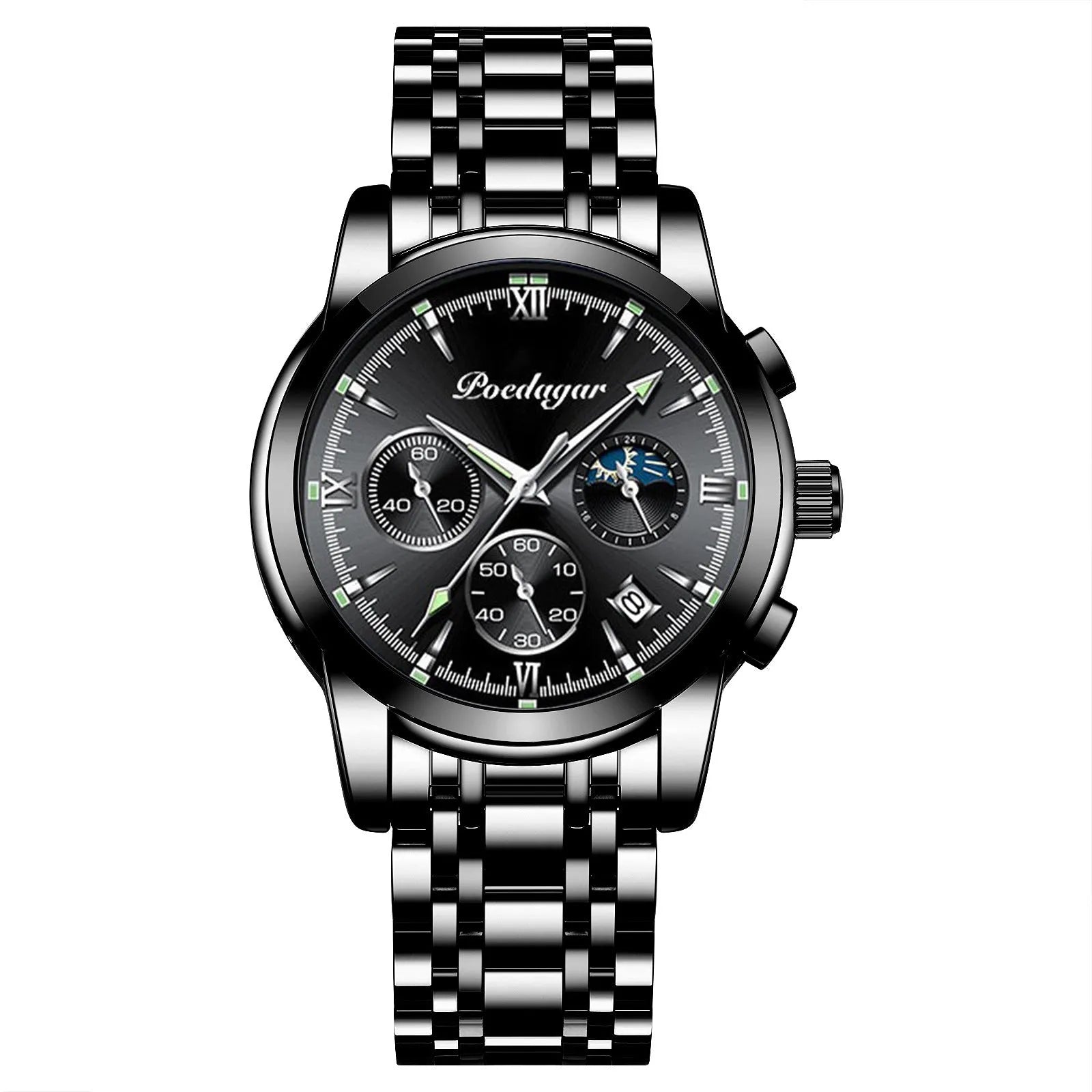 Multifunctional men's luminous waterproof quartz watch with stainless steel belt, silver case, and blue dial, 7mm thickness