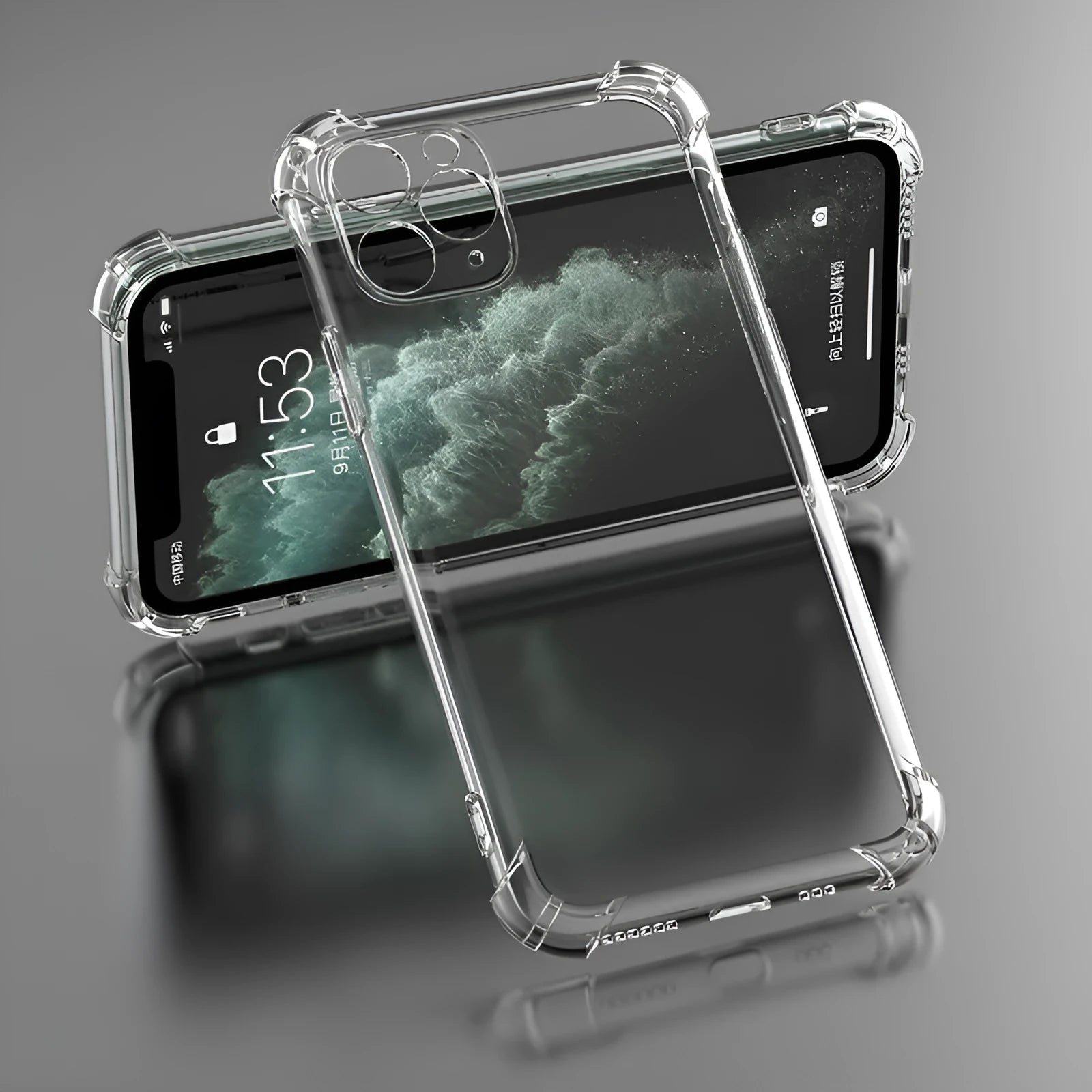 Clear transparent shockproof TPU phone case for Apple iPhone models on a white background.