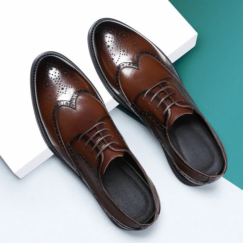 Men's black and brown brogue business shoes with a PU leather upper on a white background.