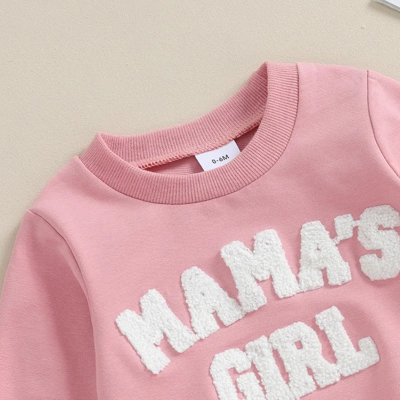 Baby girl solid colour cotton blend sweater with embroidered letters and matching long trousers suit in pink