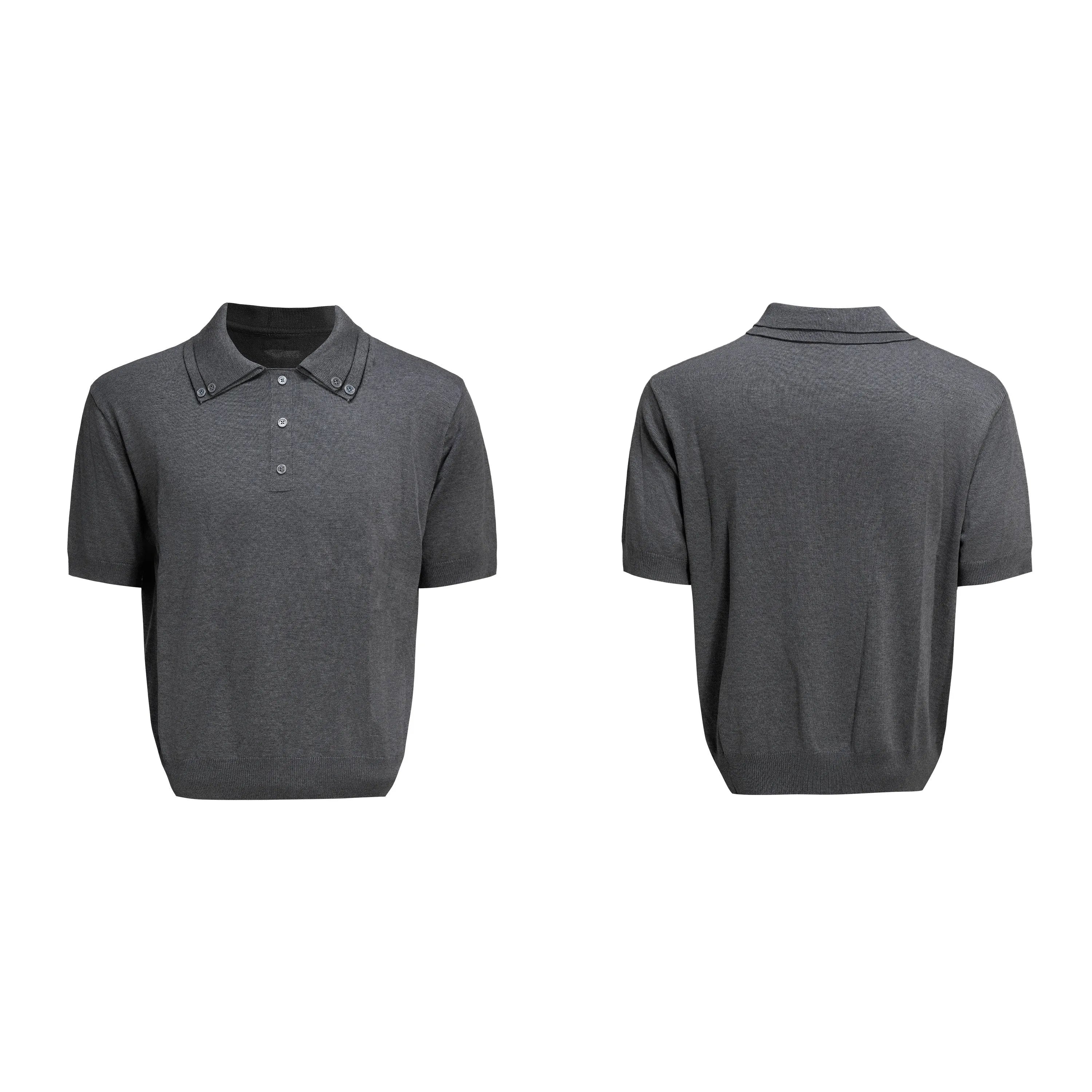 Man wearing a grey slim knit short sleeve shirt with a double collar lapel design.