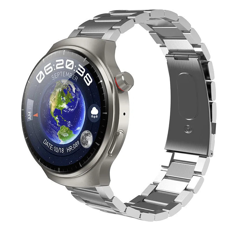 Smart watch showing blood pressure measurement and camera function with Bluetooth connectivity in black