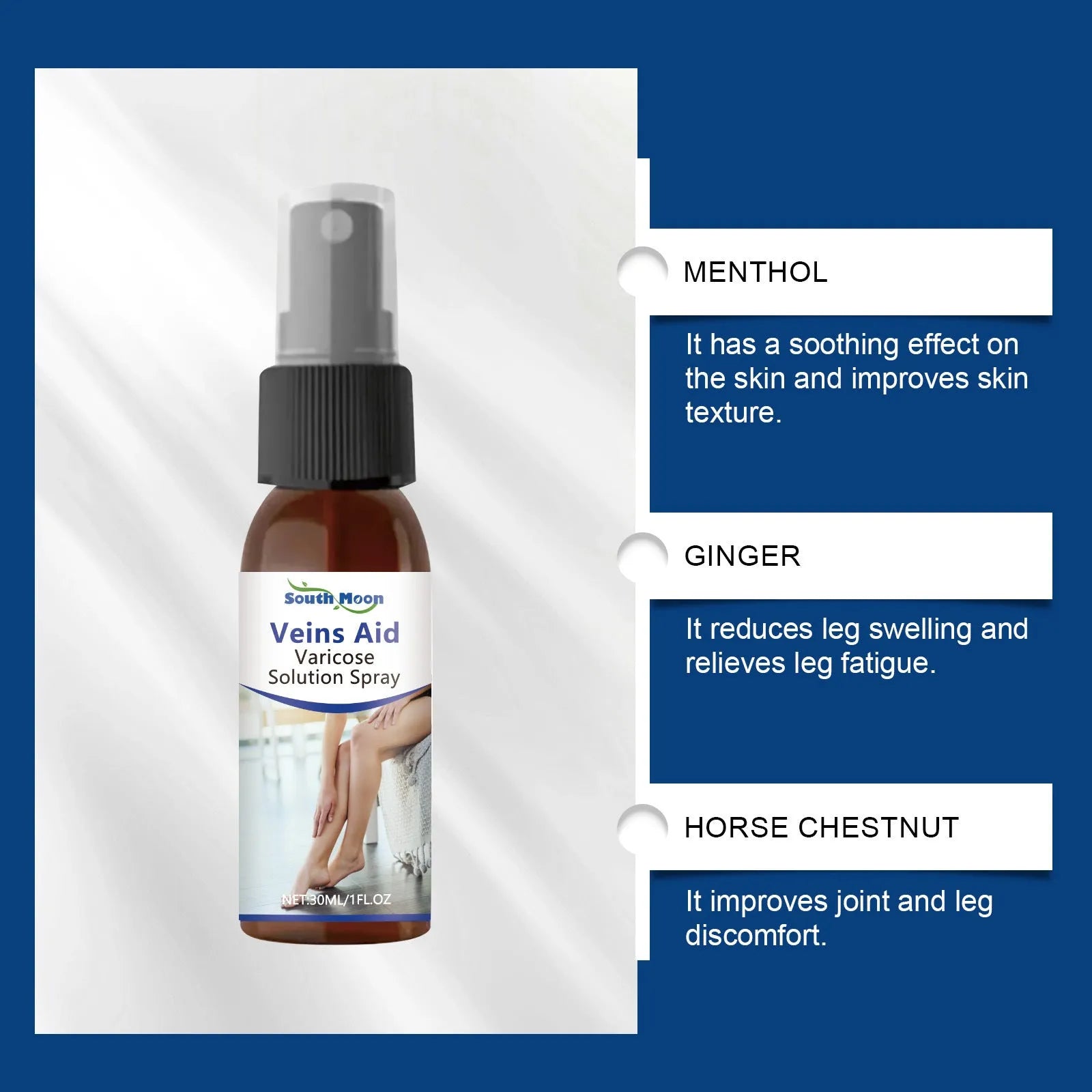 Leg Care Spray Daily Massage 30ml bottle with menthol ginger horse chestnut ingredients