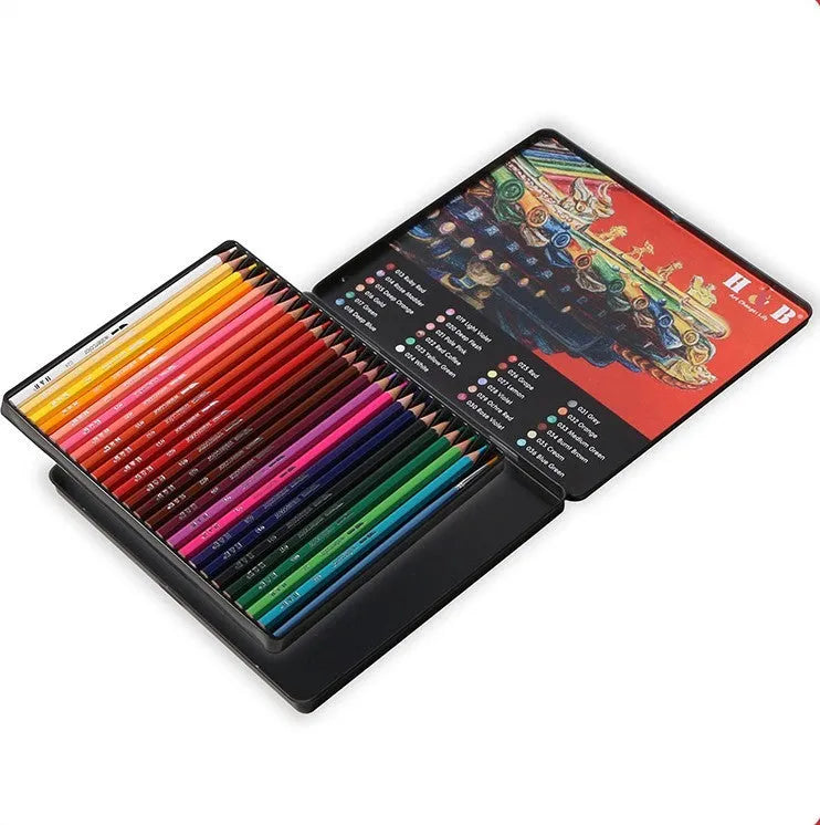 Iron box containing 24 water soluble coloured pencils in a wooden case.