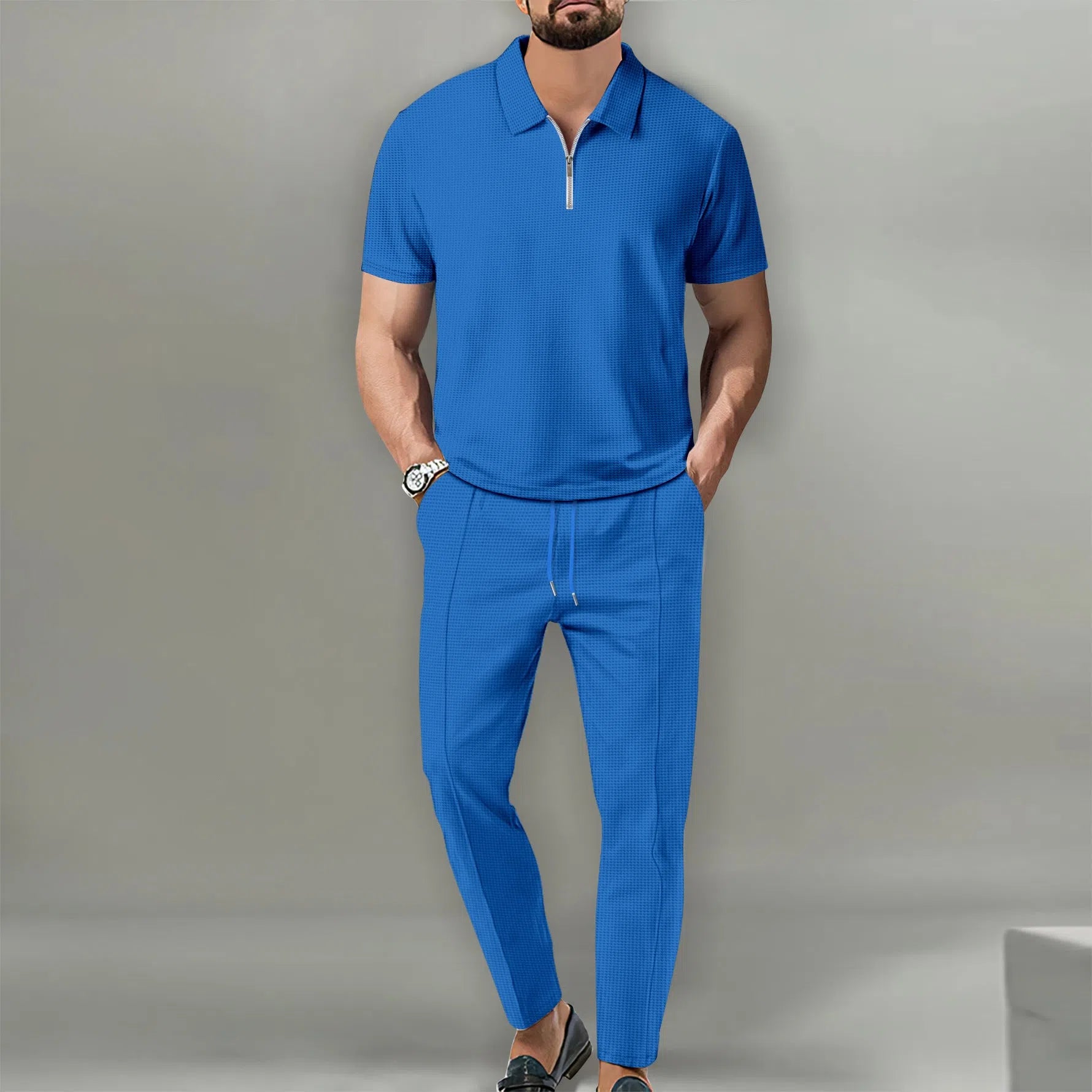 Men's waffle lapel casual suit set short sleeve top and trousers solid colour khaki
