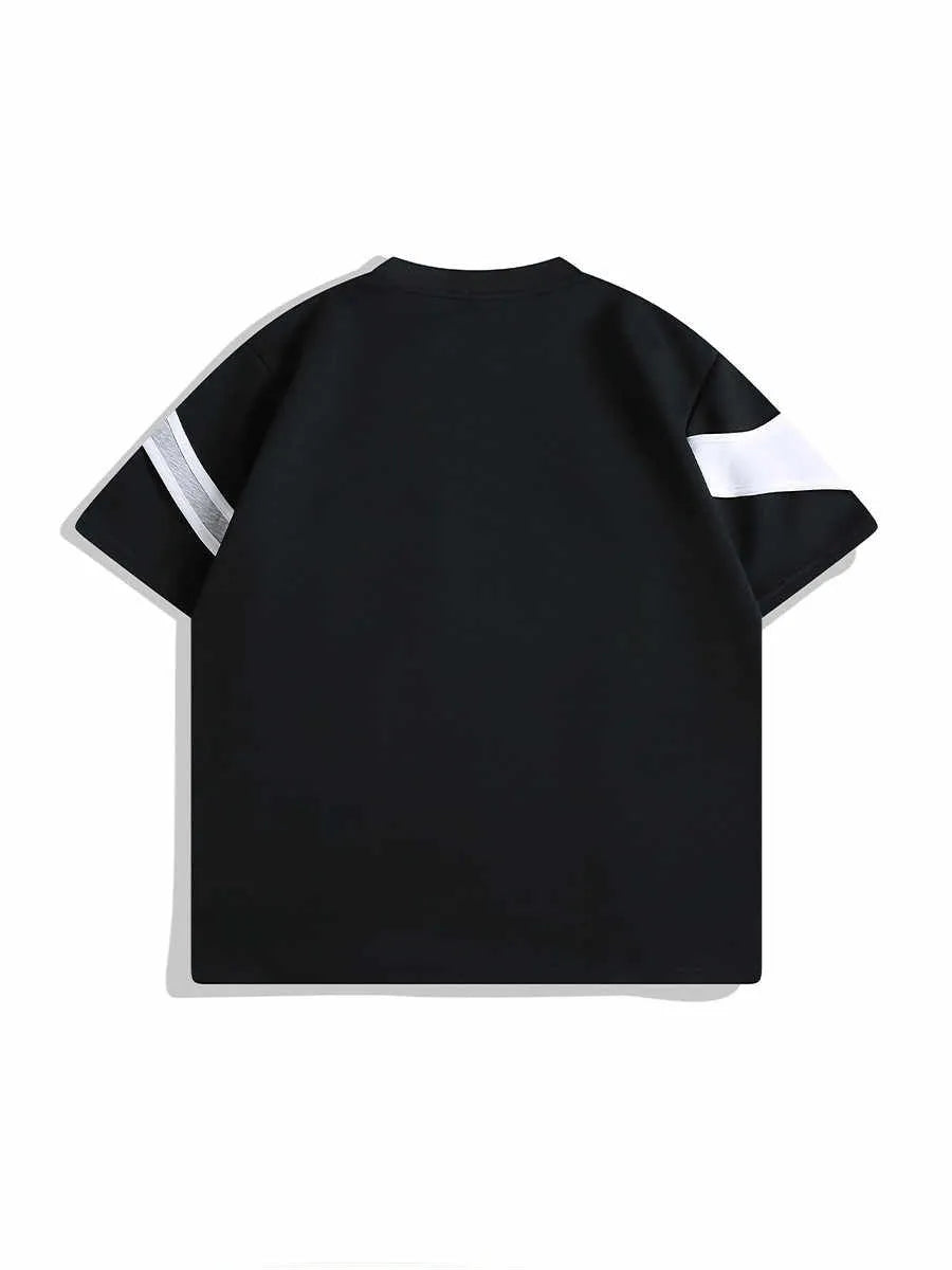 Black loose fit t-shirt with double-layer stitching and padded shoulders on a white background