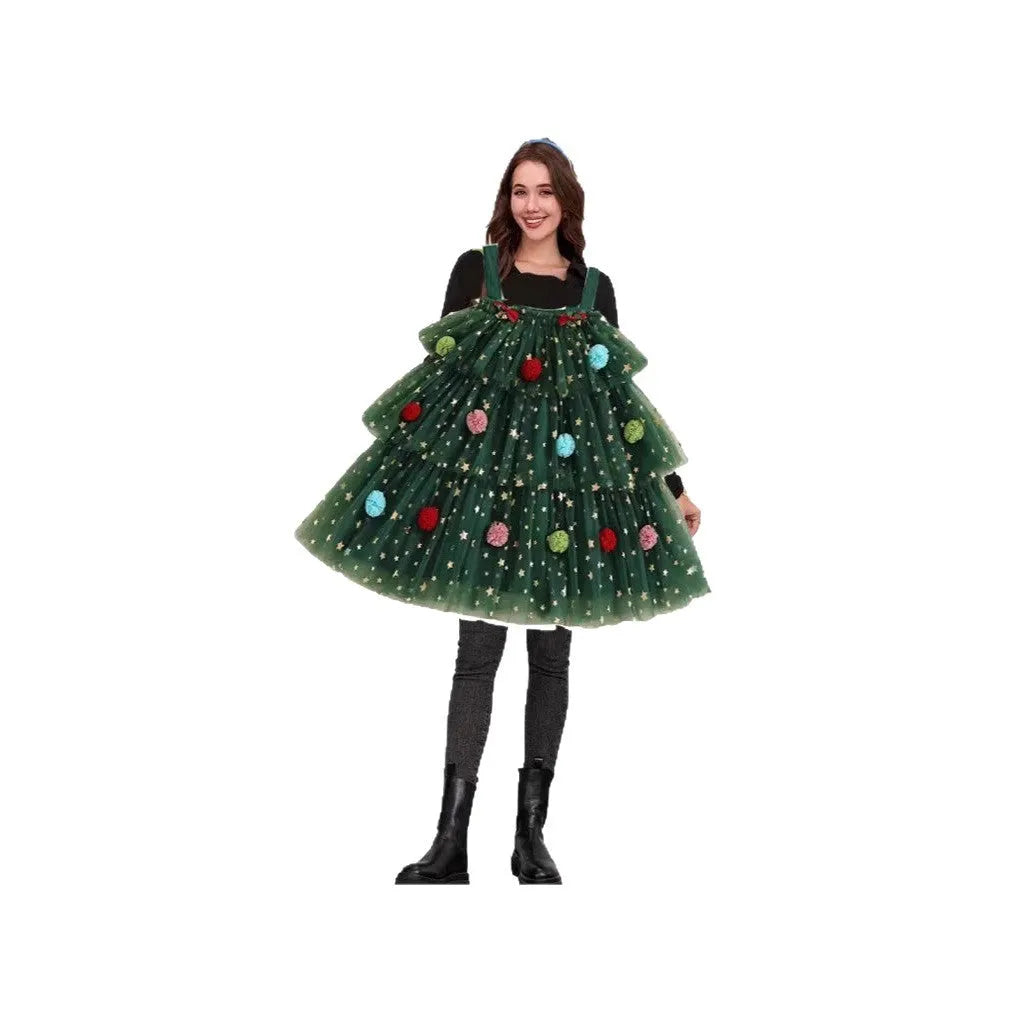Green mesh polka dot tiered dress with Christmas tree pattern and suspender straps.