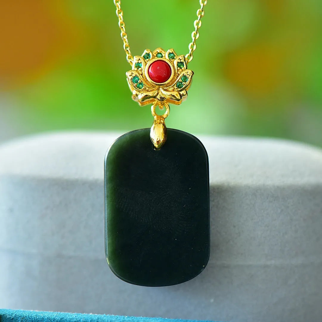 Natural Hetian grey jade pendant with copper wire inlay and ink blue jade accents on necklace chain