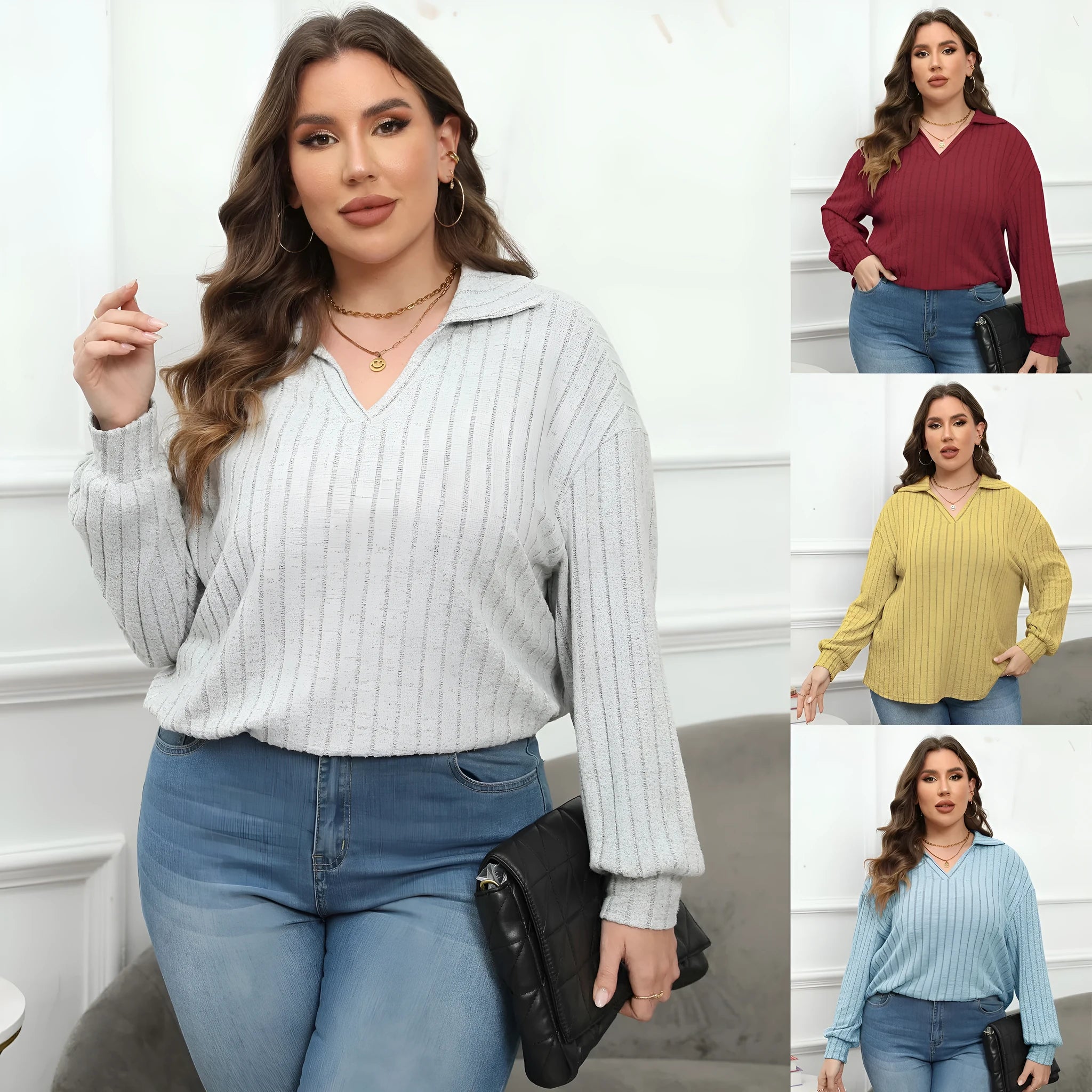 Women's plus size polo collar bottoming shirt in melange gray velvet dyed polar fleece with lantern sleeves