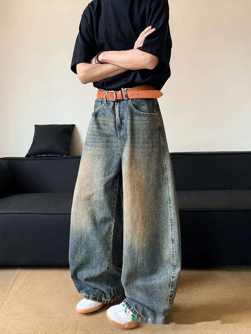 Men's retro blue distressed wide-leg jeans with micro elasticity cotton blend fabric