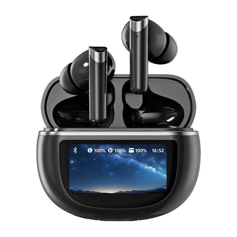Smart Bluetooth headset in black with digital display screen and breathing light, in-ear style