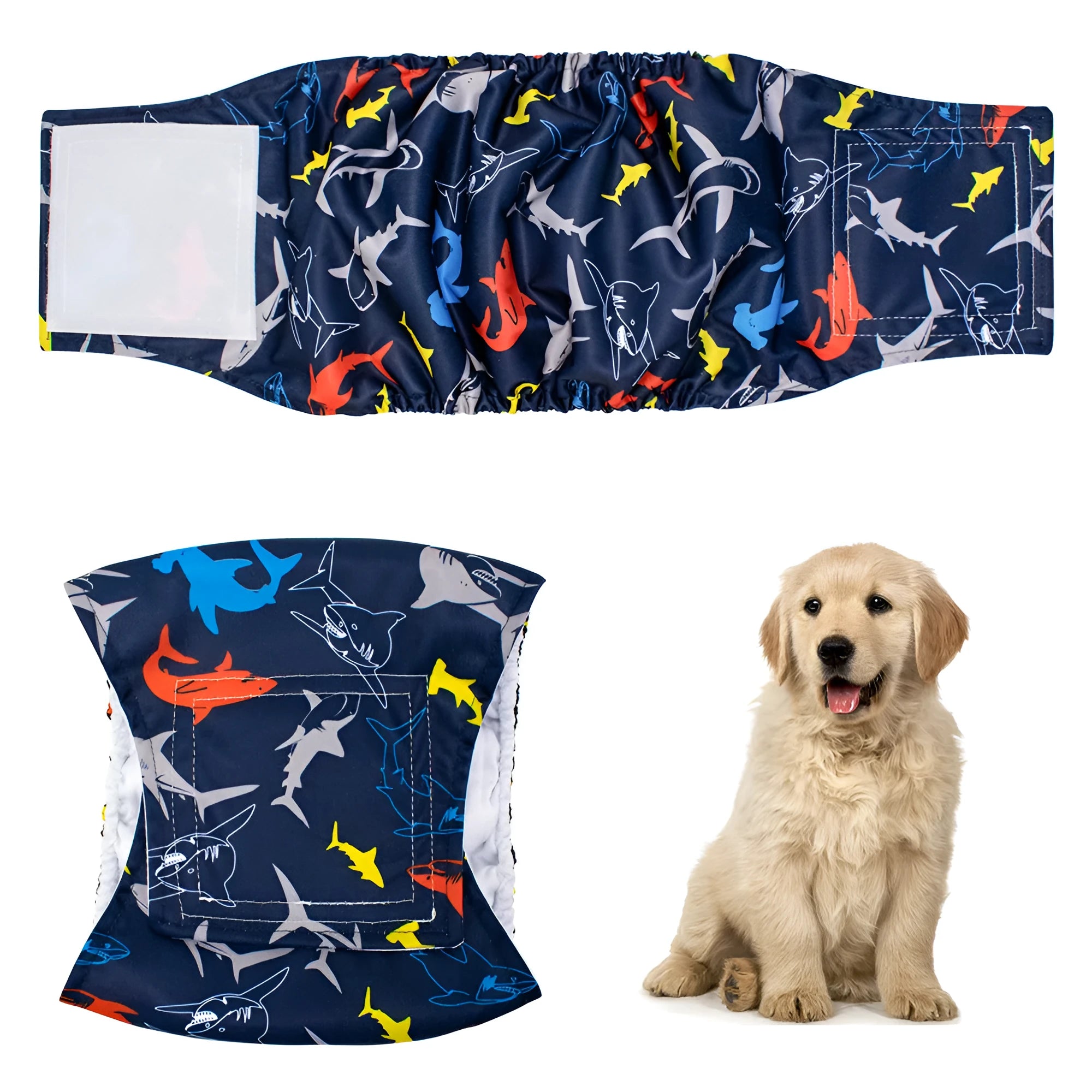 Male dog diaper in polyester British style, available in multiple colours and sizes S to XL, for sterilisation recovery and incontinence
