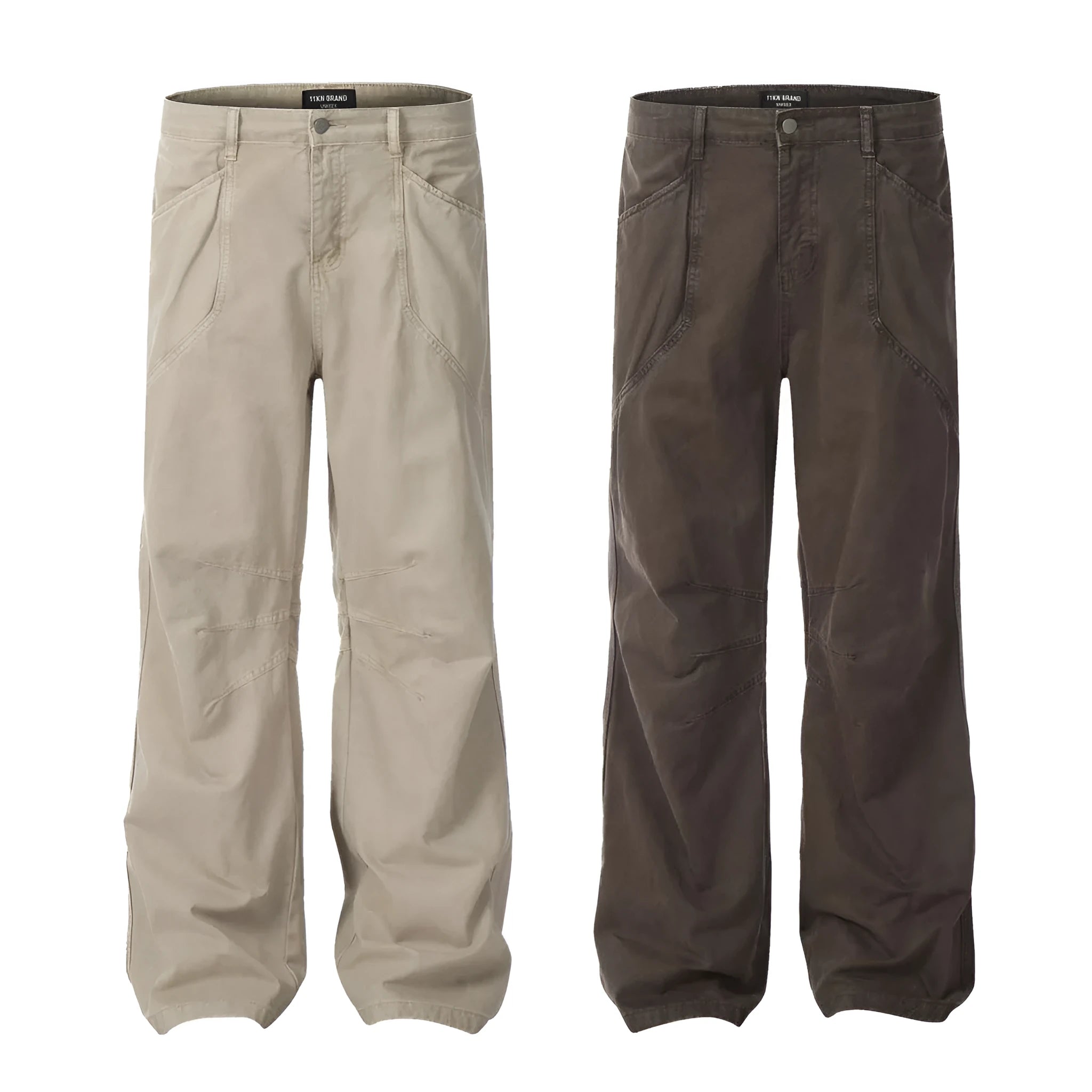 Men's brown loose straight leg trousers with high waist and zip fly