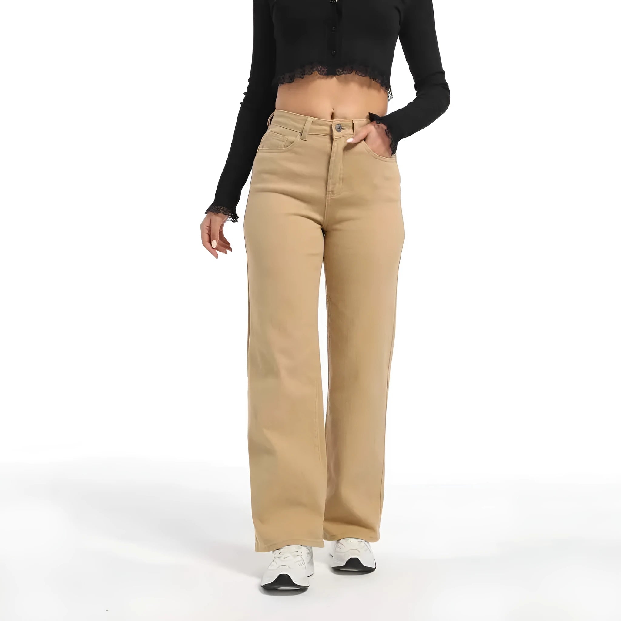 Women's high-waisted wide-leg straight jeans in apricot colour on a model.
