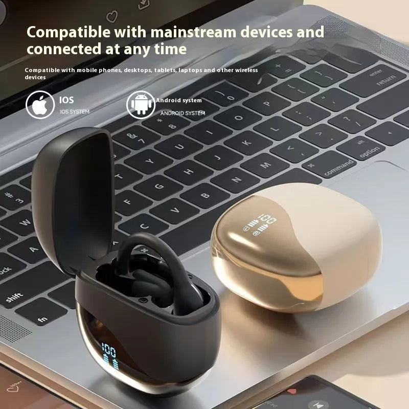 Black non in-ear open Bluetooth headset with digital battery display and ear hook
