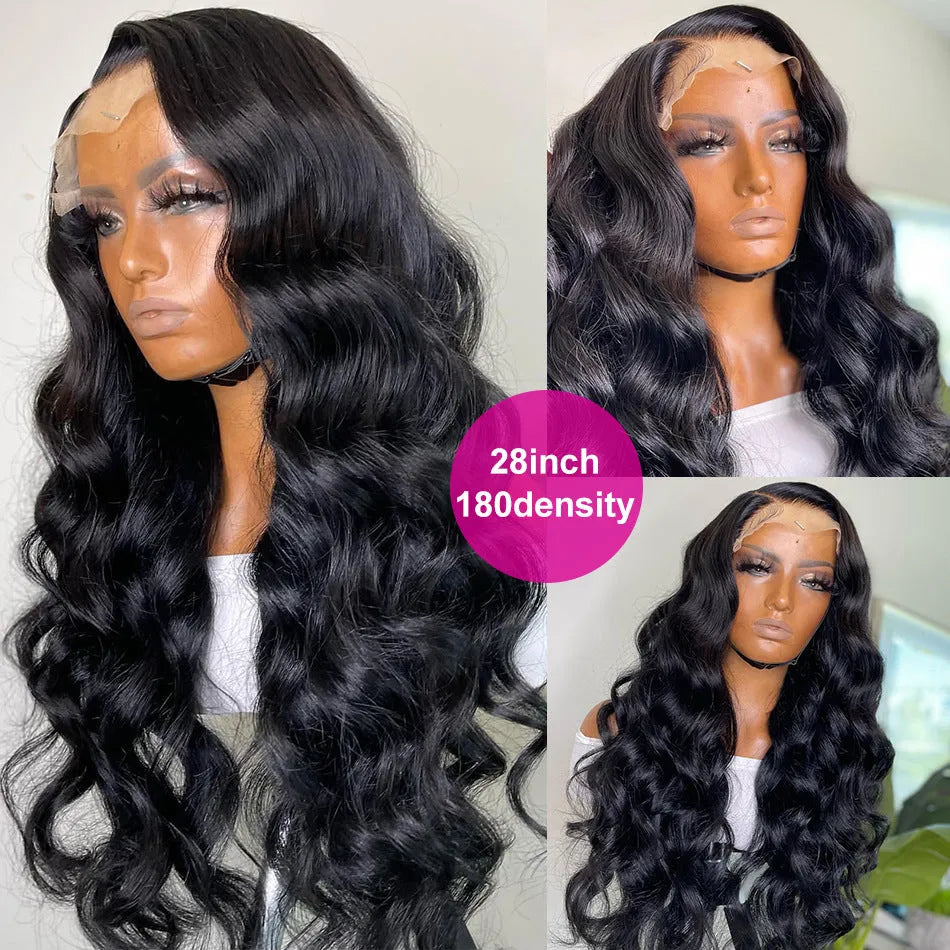 Black synthetic front lace long curly wig with side bangs, density 180, length 22 inch, on display