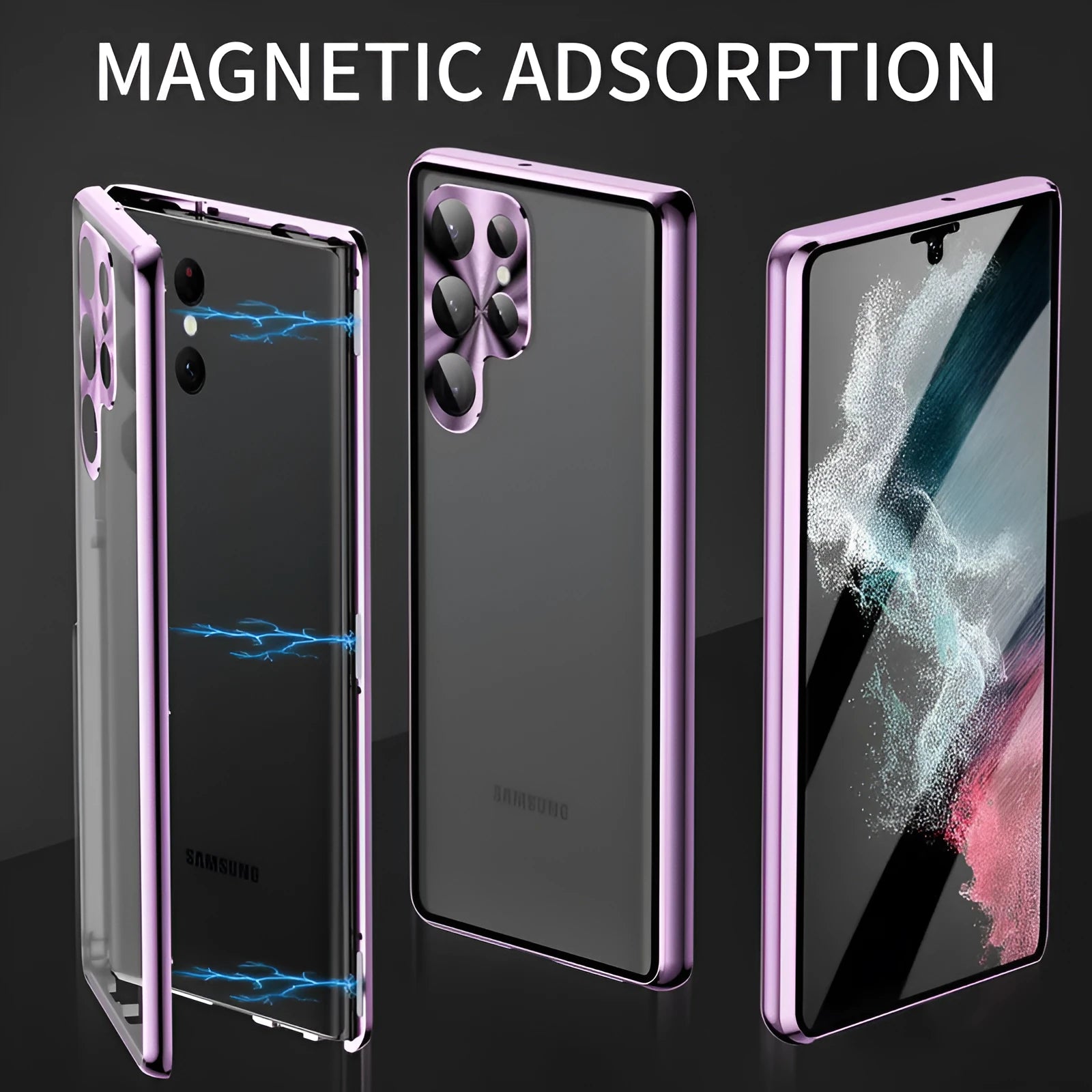 Black metal Samsung phone case with a mirrored front and a visible circular magnetic ring on the back.