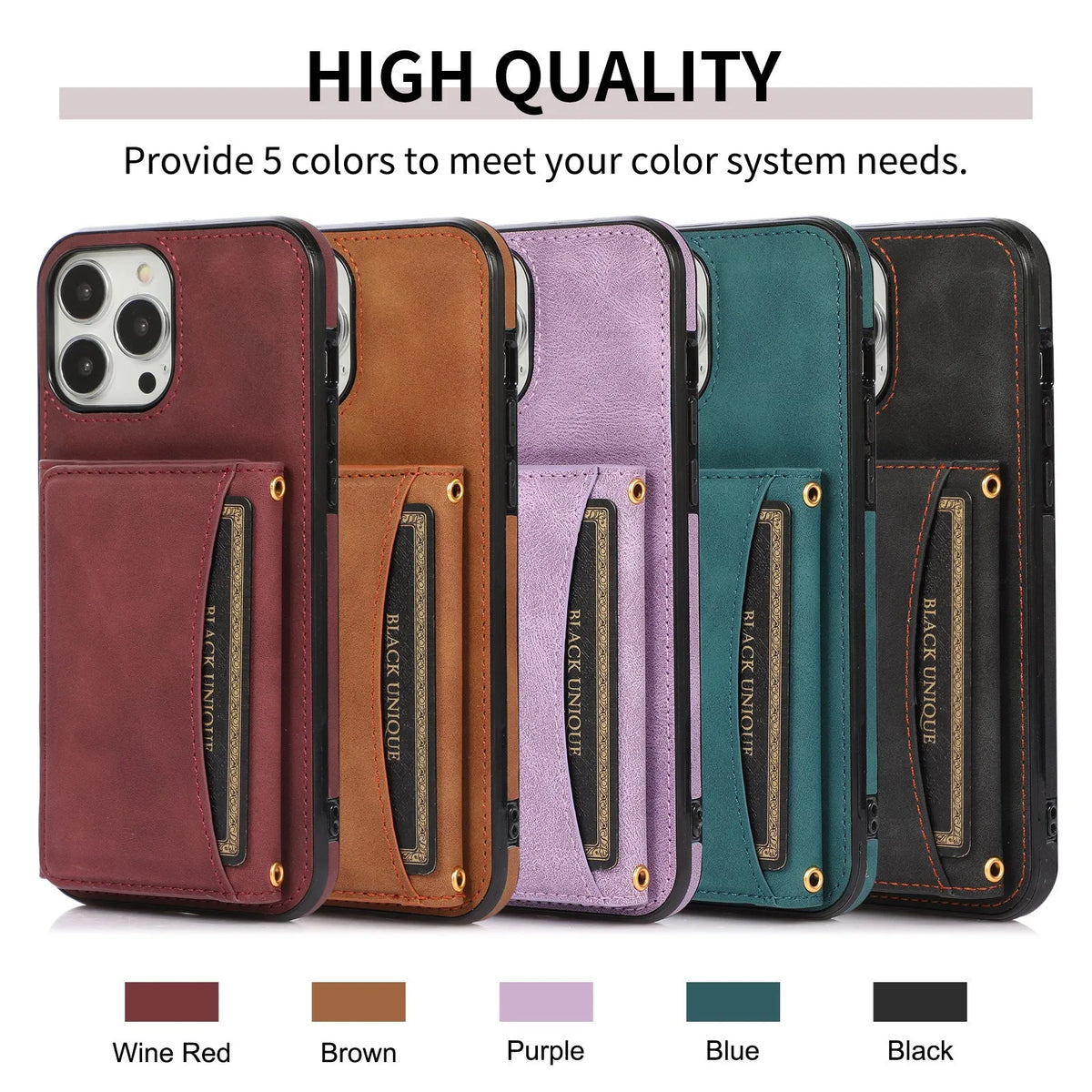 Tri-fold PU leather wallet iPhone case with card sleeve, shown in black, purple, retro red, blue and brown.