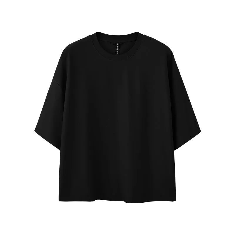 Men's sand grey loose-fit short sleeve t-shirt made from cotton and polyester blend fabric.