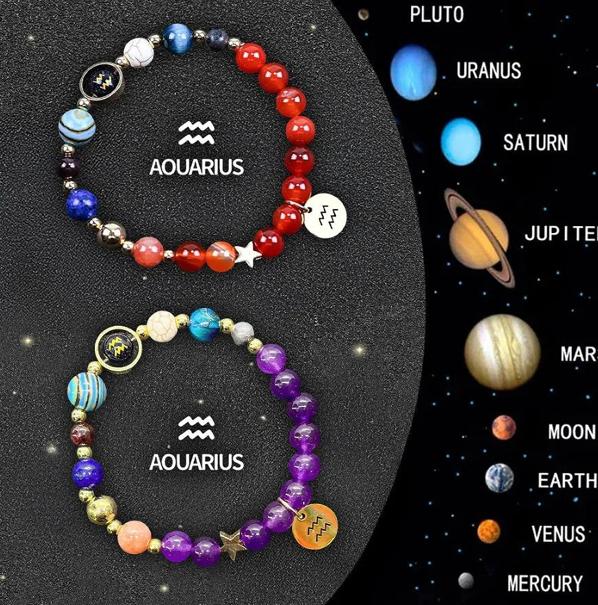 Set of twelve natural stone beaded bracelets, each representing a different zodiac sign.