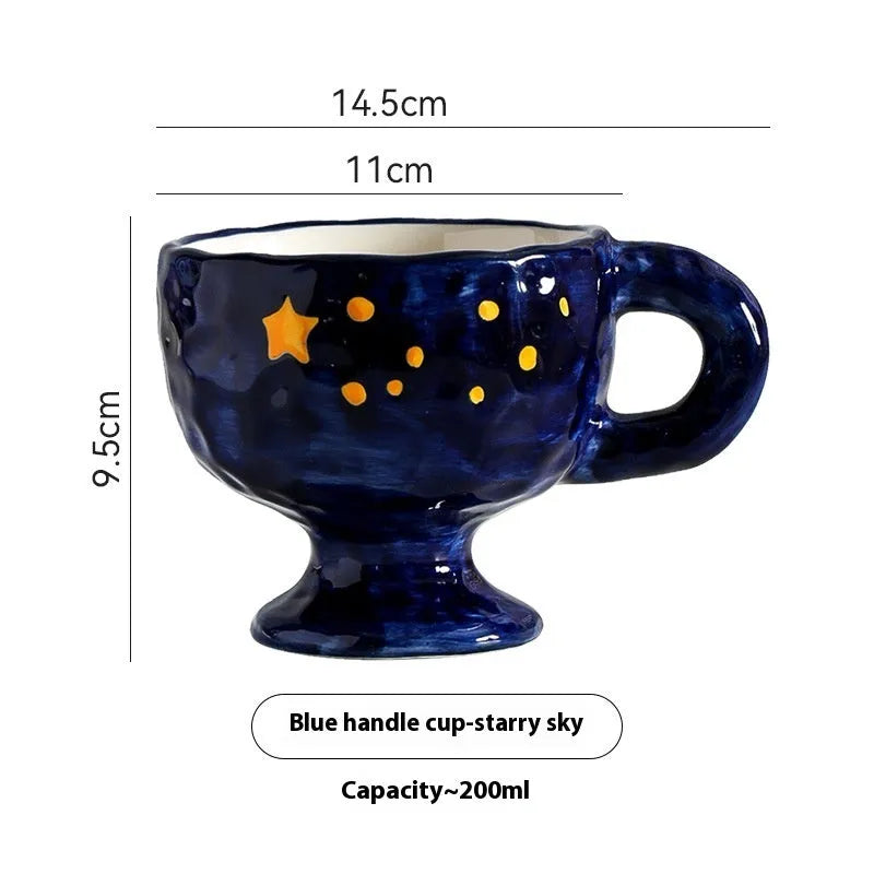 Hand-pinched irregular ceramic mug in a solid colour, showing its unique shape and modern design.