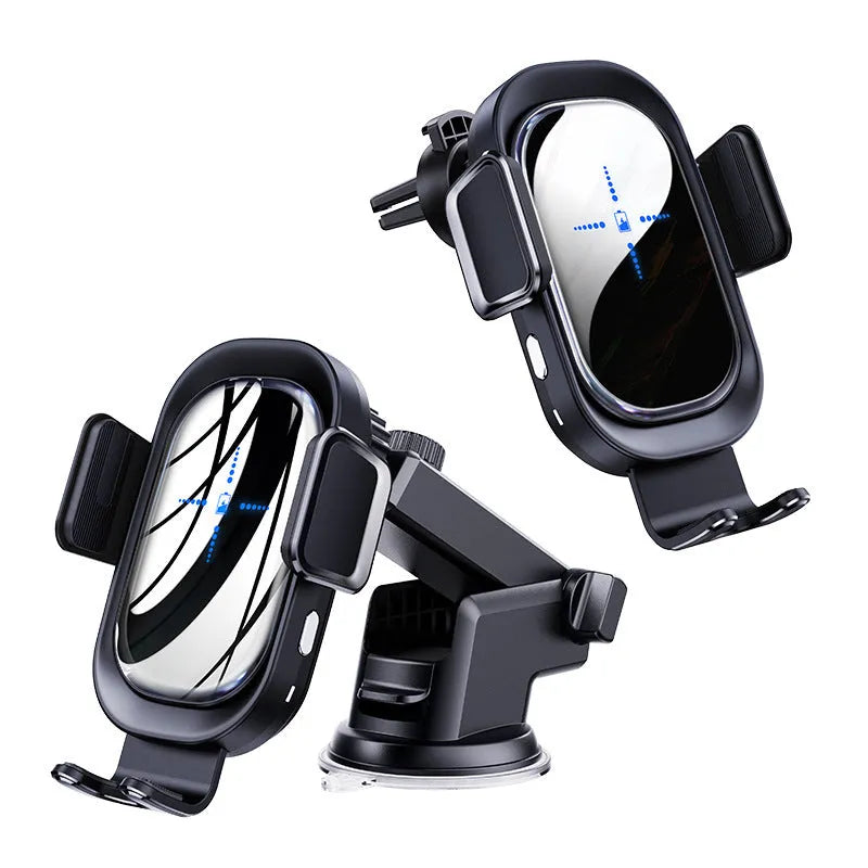 Black QI wireless car charger with suction cup holder and air outlet clip, 15W output, customisable luminous logo.