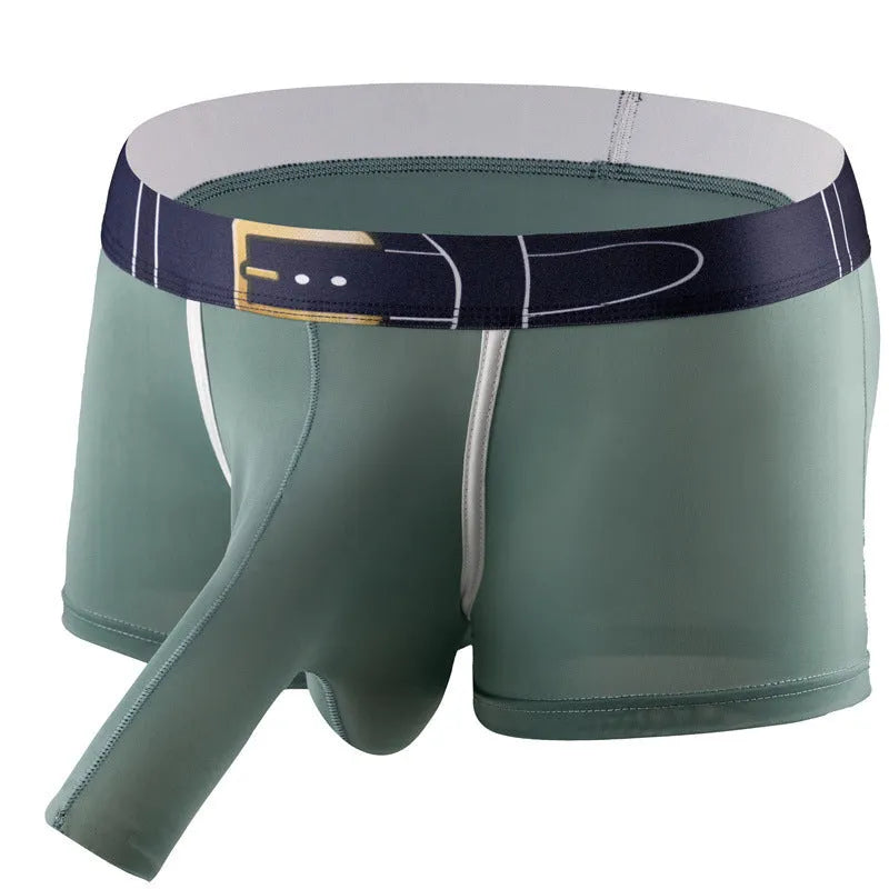 Men's solid colour ice silk boxer shorts on a grey background, showing the mid waist design and lightweight fabric texture.