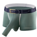 Men's solid colour ice silk boxer shorts on a grey background, showing the mid waist design and lightweight fabric texture.
