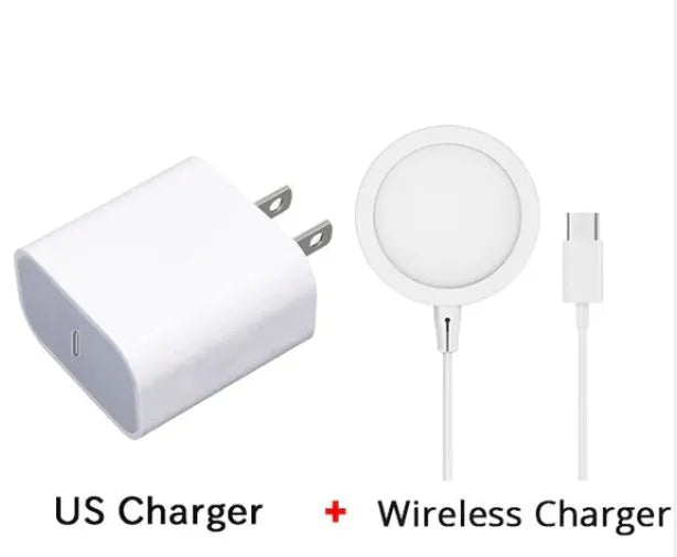 Silver metal Magsafe magnetic wireless charger for Apple iPhone on a desk.
