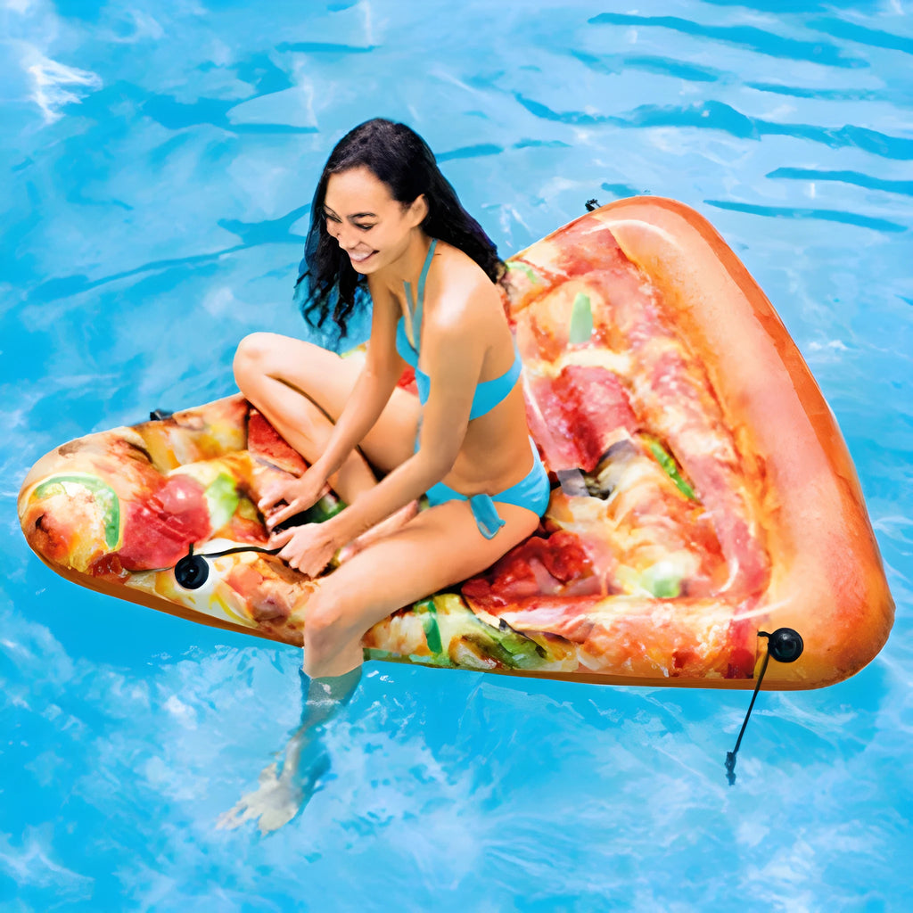 Large inflatable pizza slice surfboard recliner for swimming pool lounging