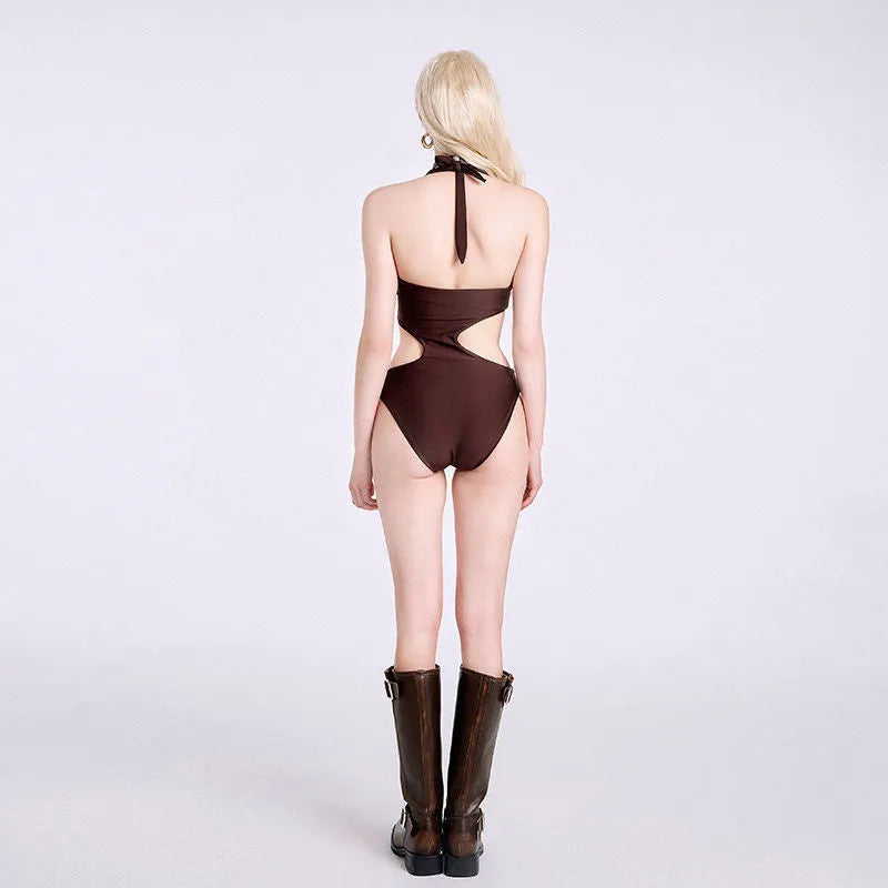 Dark brown one-piece children's polyester swimsuit sleeveless front view