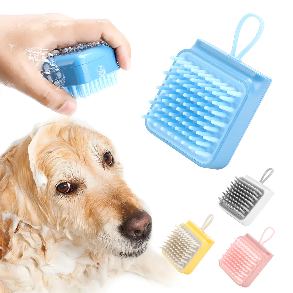 Pet bath brush with soft TPR combs for dog and cat grooming, available in blue, pink, white, and yellow.