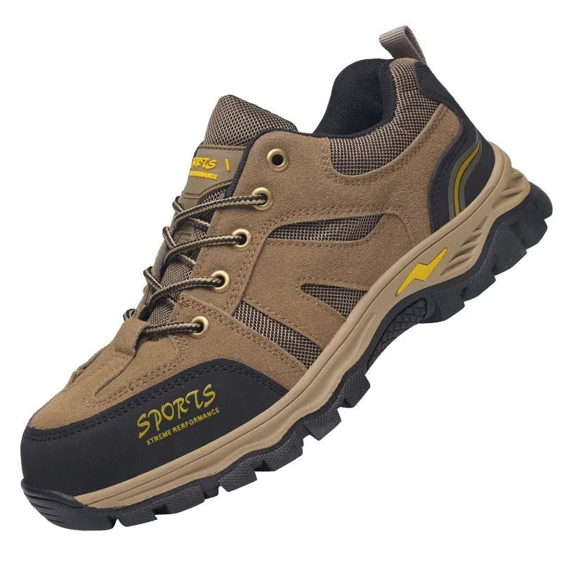 Khaki low top steel toe cap safety shoes with Flyknit upper and rubber sole on grey background