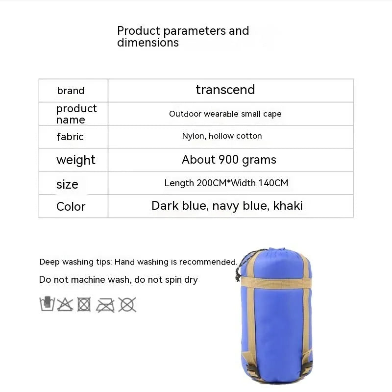 Outdoor cloak sleeping bag in grey or army green, showing wearable cape configuration and flat blanket layout