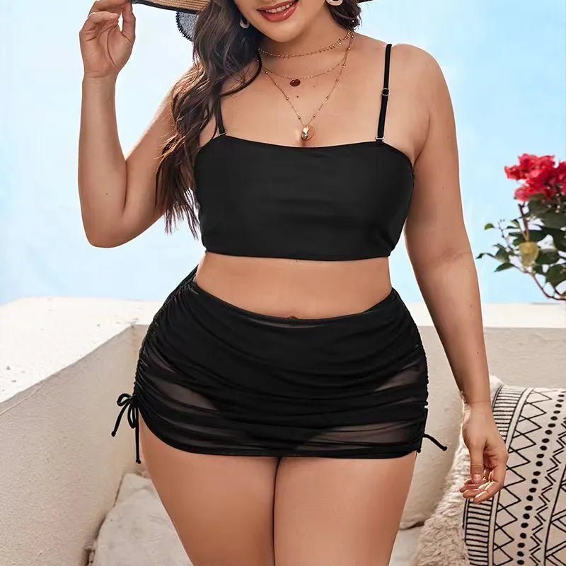 Women's solid colour mesh bikini three-piece set with top, underwear, and apron on mannequin