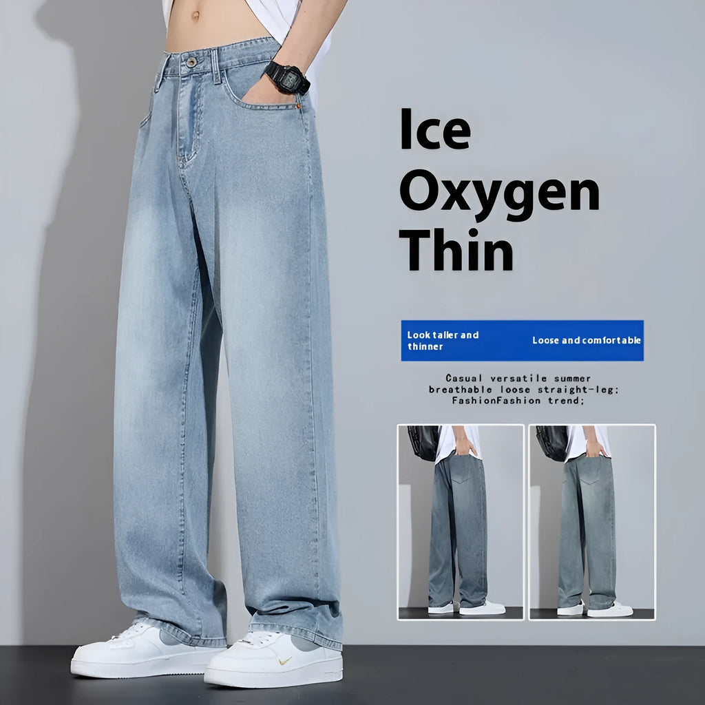 Lightweight ice silk denim straight-leg trousers in vintage blue with a zip-fly opening.