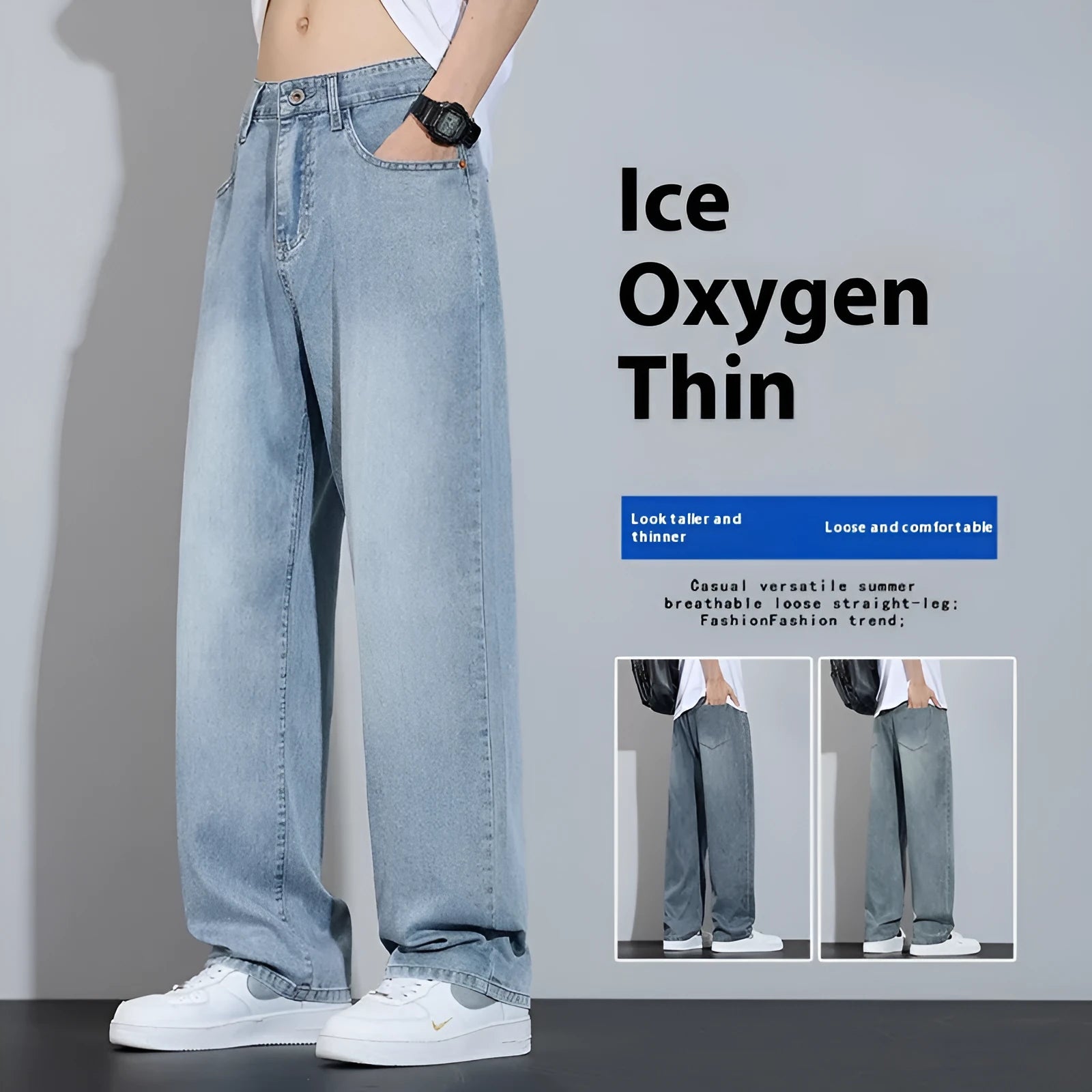 Lightweight ice silk denim straight-leg trousers in vintage blue with a zip-fly opening.