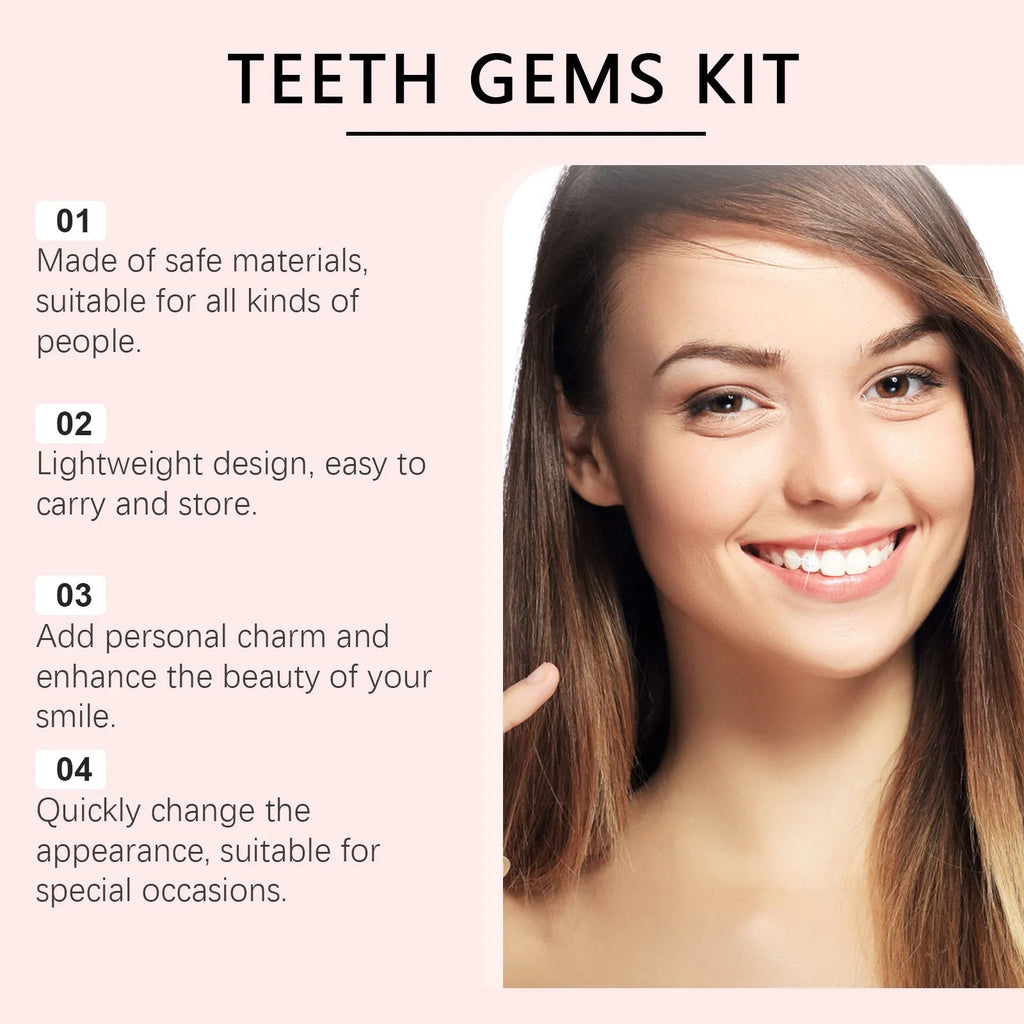 Tooth decoration kit with UV lamp, glue bottle, gem pen, cotton strips, and 100 rhinestone gems on white background
