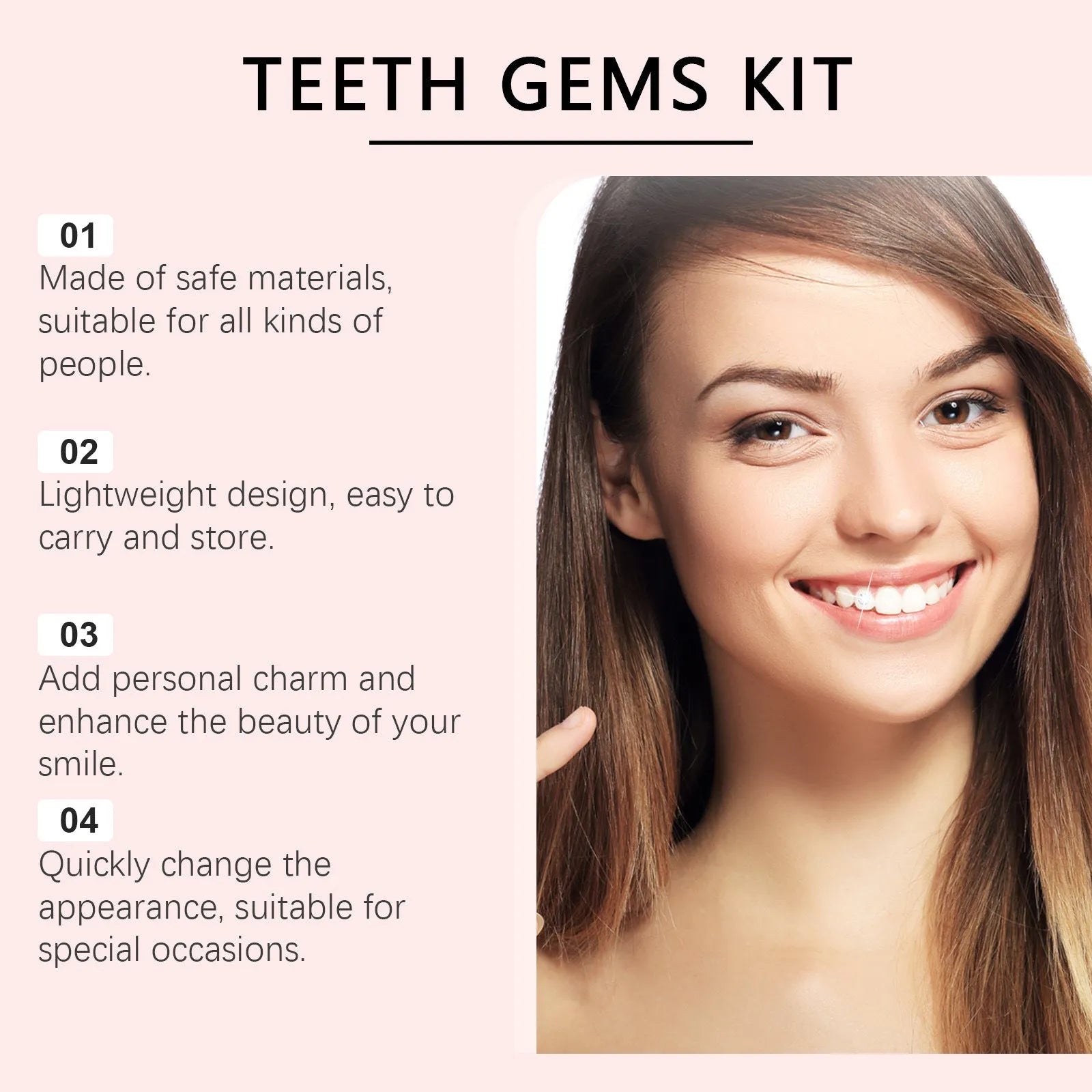 Tooth decoration kit with UV lamp, glue bottle, gem pen, cotton strips, and 100 rhinestone gems on white background