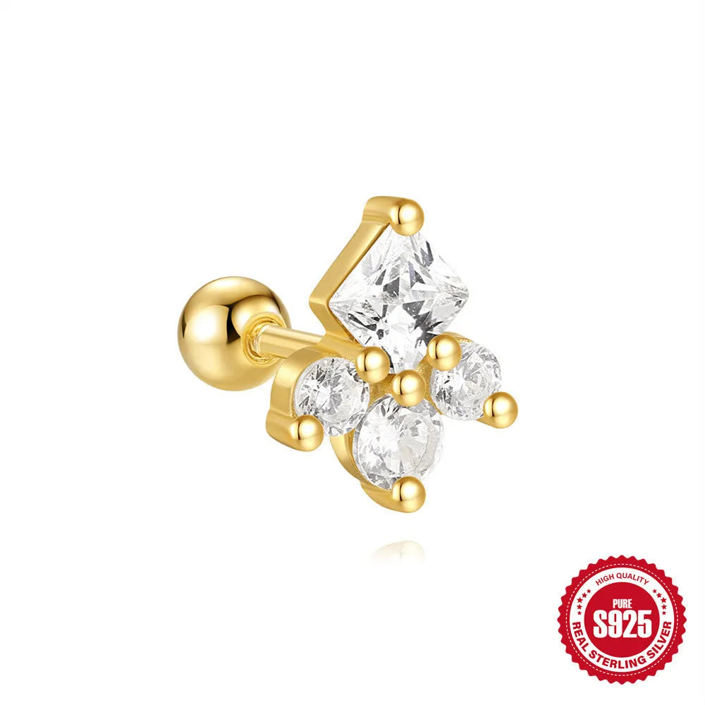 S925 sterling silver flower-shaped stud earrings with square gravel texture in gold electroplated colours