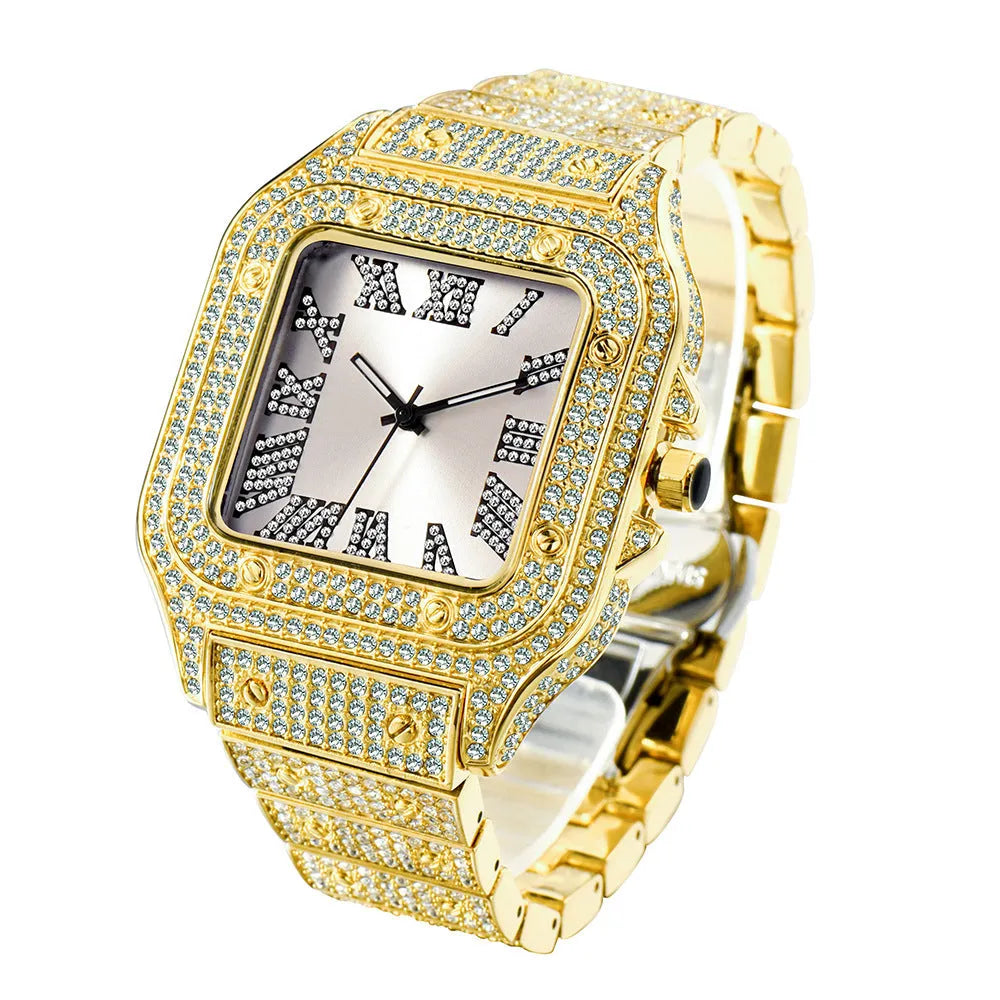 Fashion hip hop square men's watch with diamond detailing alloy strap silver white dial