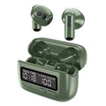 Portable wireless Bluetooth headset with digital display clock in Yuan Ye Green, 1990 Orange or Space Gray, PC ABS earplug style