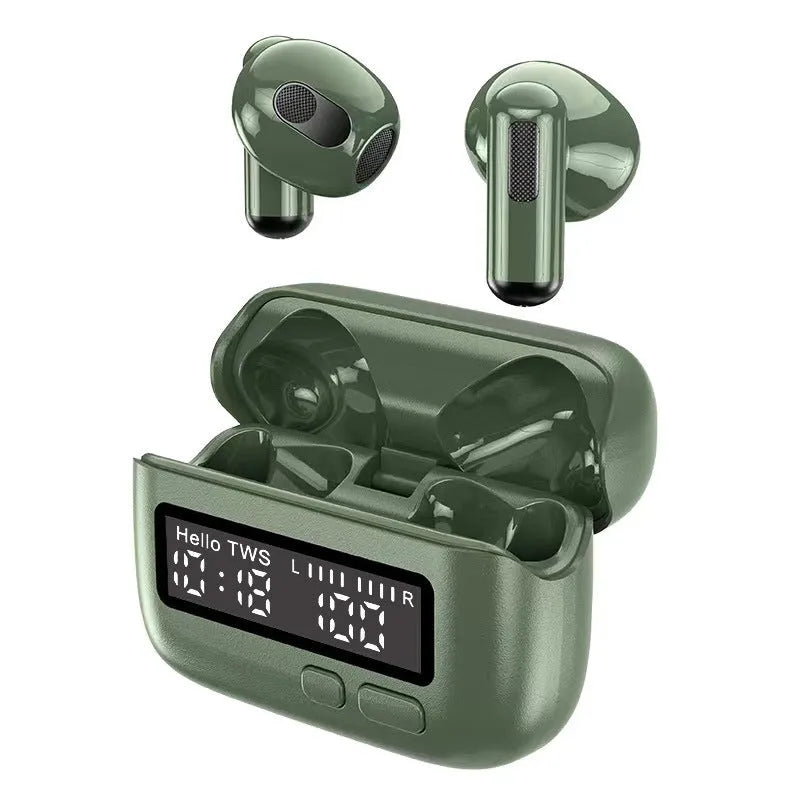 Portable wireless Bluetooth headset with digital display clock in Yuan Ye Green, 1990 Orange or Space Gray, PC ABS earplug style